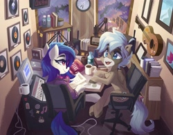 Size: 4096x3212 | Tagged: safe, artist:saxopi, imported from derpibooru, oc, oc only, pegasus, pony, amplifier, book, bookcase, bottle, chair, clock, clothes, coffee mug, duo, guitar, headphones, microphone, mug, musical instrument, pen, phone, radio, record, sitting, studio, table, telephone, window