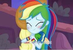 Size: 442x301 | Tagged: safe, artist:appledash_addict, edit, edited screencap, imported from derpibooru, screencap, applejack, rainbow dash, equestria girls, equestria girls series, rollercoaster of friendship, appledash, blushing, character swap, female, hug, lesbian, shipping, watermark