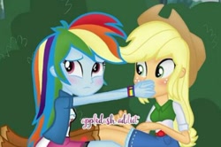 Size: 450x299 | Tagged: safe, edit, edited screencap, imported from derpibooru, screencap, applejack, rainbow dash, equestria girls, pinkie spy (short), appledash, female, lesbian, shipping