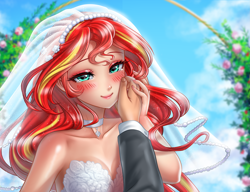 Size: 3541x2717 | Tagged: safe, artist:racoonsan, imported from derpibooru, sunset shimmer, human, equestria girls, bare shoulders, beautiful, blushing, breasts, bride, choker, cleavage, clothes, cloud, crying, cute, dress, female, hand on face, high res, humanized, marriage, offscreen character, plants, pov, shimmerbetes, shiny skin, sky, sleeveless, tears of joy, teary eyes, wedding, wedding dress, wedding veil