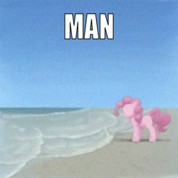 Size: 1093x1094 | Tagged: safe, artist:hattsy, imported from ponybooru, pinkie pie, earth pony, pony, beach, female, impact font, mare, meme, ocean, ponified, ponified meme, sand, solo, text