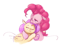 Size: 1481x1066 | Tagged: safe, artist:hattsy, imported from ponybooru, fluttershy, pinkie pie, earth pony, pegasus, pony, eyes closed, female, hug, mare, simple background, white background