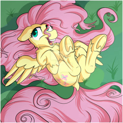 Size: 1920x1920 | Tagged: safe, artist:horsewithacoat, imported from ponybooru, fluttershy, pegasus, pony, butt, chest fluff, dock, female, frog (hoof), mare, on back, open mouth, plot, solo, spread wings, underhoof, wings