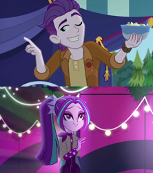 Size: 1280x1440 | Tagged: safe, edit, edited screencap, imported from derpibooru, screencap, aria blaze, dirk thistleweed, equestria girls, equestria girls series, find the magic, spoiler:eqg series (season 2), accountibilibuddies: rainbow dash, ariadirk, bowl, crack shipping, female, male, neon garden maze, one eye closed, shipping, shipping domino, smiling, straight, wink