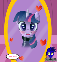 Size: 3840x4154 | Tagged: safe, artist:damlanil, imported from derpibooru, twilight sparkle, alicorn, pony, blushing, book, carousel boutique, catsuit, clothes, comic, cute, female, happy, heart, heart eyes, horn, latex, latex suit, looking at you, mare, mirror, open mouth, rubber, shine, shiny, simple background, smiling, spy, suit, text, that pony sure does love books, twiabetes, twilight sparkle (alicorn), vector, wingding eyes, wings