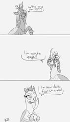 Size: 4000x7000 | Tagged: safe, artist:evan555alpha, imported from ponybooru, queen chrysalis, oc, oc only, oc:yvette (evan555alpha), changedling, changeling, pony, 3 panel comic, changeling oc, comic, confused, dialogue, dorsal fin, duality, evan's daily buggo, fangs, female, females only, glasses, glasses off, happy, head tilt, holding, lidded eyes, meme, ponified, ponified meme, ponybooru exclusive, purified chrysalis, raised hoof, raised leg, round glasses, rubbing, rubbing eyes, self ponidox, signature, simple background, sketch, smiling, speech bubble, talking, text, the simpsons, trio, white background, wide eyes