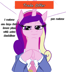 Size: 788x849 | Tagged: safe, artist:jargon scott, imported from ponybooru, princess cadance, alicorn, pony, clothes, female, heart eyes, hooves together, lidded eyes, looking at you, mare, meme, peetzer, smiling, solo, suit, that pony sure does love pizza, trade offer, underhoof, wingding eyes
