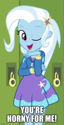 Size: 500x979 | Tagged: safe, imported from derpibooru, trixie, equestria girls, equestria girls series, forgotten friendship, canterlot high, caption, clothes, cropped, cute, diatrixes, female, hallway, hoodie, image macro, imgflip, lockers, one eye closed, skirt, text, wink