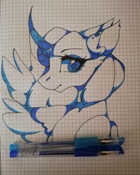 Size: 1080x1350 | Tagged: safe, artist:tessa_key_, imported from derpibooru, oc, oc:moonlight, alicorn, pony, alicorn oc, curved horn, eyelashes, female, graph paper, horn, horn jewelry, jewelry, lineart, mare, pen, solo, wings