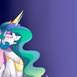 Size: 1080x1079 | Tagged: safe, artist:tessa_key_, imported from derpibooru, princess celestia, alicorn, pony, :o, bust, gradient background, horn, jewelry, open mouth, peytral, shocked, solo, tiara, wings