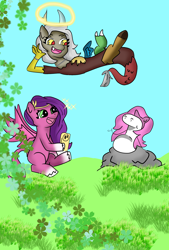 Size: 1958x2889 | Tagged: safe, artist:juanluuis8, imported from derpibooru, discord, pipp petals, draconequus, pegasus, aura, background, cellphone, chatting, eris, female, floating, florkofcows, flower, g5, grass, herb, open mouth, pasture, phone, rock, rule 63, sitting, sky, smartphone, smiling, sparkles