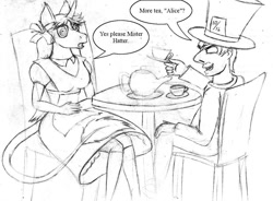 Size: 1000x734 | Tagged: safe, artist:barn-flakes, imported from derpibooru, oc, oc only, anthro, human, unicorn, alice in wonderland, clothes, cup, dress, female, hat, horn, leonine tail, lineart, mad hatter, male, mind control, monochrome, sitting, swirly eyes, teacup, teapot, top hat, traditional art, unicorn oc