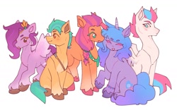 Size: 1405x878 | Tagged: safe, artist:nakkipng, imported from derpibooru, hitch trailblazer, izzy moonbow, pipp petals, sunny starscout, zipp storm, earth pony, pegasus, pony, unicorn, badge, blushing, bracelet, cute, female, g5, jewelry, male, mane five (g5), mare, no pupils, open mouth, simple background, sitting, stallion, white background