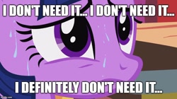 Size: 888x499 | Tagged: safe, artist:megalobronia, edit, edited screencap, imported from derpibooru, screencap, twilight sparkle, it's about time, season 2, caption, close-up, i don't need it, image macro, imgflip, meme, spongebob squarepants, sweat, tea at the treedome, text