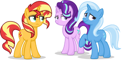 Size: 4616x2293 | Tagged: safe, artist:le-23, imported from derpibooru, starlight glimmer, sunset shimmer, trixie, pony, unicorn, counterparts, female, high res, magical trio, mare, png, simple background, transparent background, trio, trio female, twilight's counterparts