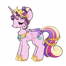 Size: 2365x2365 | Tagged: source needed, useless source url, safe, artist:plushfurby, imported from derpibooru, princess cadance, alicorn, pony, alternate design, alternate hairstyle, alternate universe, colored wings, crown, eyes closed, female, hair bun, high res, hoof shoes, jewelry, multicolored wings, regalia, ring, simple background, smiling, solo, wedding ring, white background, wings