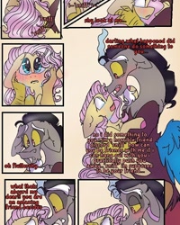 Size: 540x676 | Tagged: safe, artist:cocolove2176, imported from derpibooru, discord, fluttershy, draconequus, pegasus, pony, comic:i woke up next to you, blushing, cheek squish, colored hooves, comic, dialogue, discoshy, female, hug, male, mare, shipping, smiling, squishy cheeks, straight, wings