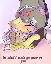 Size: 540x675 | Tagged: safe, artist:cocolove2176, imported from derpibooru, discord, fluttershy, draconequus, pegasus, pony, comic:i woke up next to you, blushing, bust, comic, discoshy, eyes closed, female, hug, male, mare, shipping, smiling, straight, talking