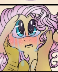Size: 1078x1350 | Tagged: safe, artist:cocolove2176, imported from derpibooru, discord, fluttershy, draconequus, pegasus, pony, blushing, cheek squish, cropped, crying, discoshy, female, floppy ears, male, male pov, mare, offscreen character, pov, shipping, squishy cheeks, straight