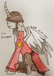 Size: 2483x3491 | Tagged: safe, artist:agdapl, imported from derpibooru, alicorn, pony, alicornified, clothes, crossover, helmet, high res, horn, male, pants, ponified, race swap, signature, sitting, soldier, solo, stallion, talking, team fortress 2, traditional art, wings