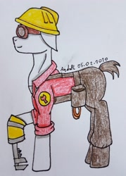 Size: 2289x3198 | Tagged: safe, artist:agdapl, imported from derpibooru, earth pony, pony, clothes, crossover, engineer, floppy ears, goggles, hard hat, high res, male, pants, ponified, signature, solo, stallion, team fortress 2, traditional art