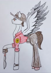 Size: 2468x3498 | Tagged: safe, artist:agdapl, imported from derpibooru, pegasus, pony, belt, clothes, crossover, glasses, hat, high res, male, pants, ponified, signature, sniper, solo, stallion, team fortress 2, traditional art, two toned wings, watch, wings