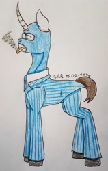 Size: 2241x3539 | Tagged: safe, artist:agdapl, imported from derpibooru, pony, unicorn, cigarette, clothes, crossover, high res, horn, male, mask, pants, ponified, signature, smoking, solo, spy, stallion, team fortress 2, traditional art