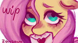 Size: 1021x573 | Tagged: safe, artist:zowzowo, imported from derpibooru, fluttershy, pegasus, pony, big eyes, blushing, close-up, cute, face, floppy ears, love letter, painting, shy, solo, wip