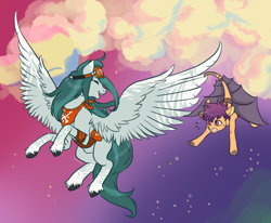 Size: 2000x1650 | Tagged: safe, artist:lavvythejackalope, imported from derpibooru, oc, oc only, earth pony, pegasus, pony, artificial wings, augmented, clothes, duo, flying, goggles, laughing, mechanical wing, outdoors, pegasus oc, rearing, scared, stars, unshorn fetlocks, wings