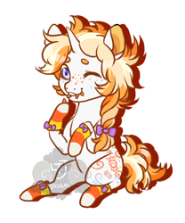 Size: 500x600 | Tagged: safe, artist:lavvythejackalope, imported from derpibooru, oc, oc only, earth pony, pony, bow, braid, candy, candy corn, earth pony oc, food, freckles, hair bow, leg warmers, male, one eye closed, simple background, sitting, solo, stallion, white background, wink