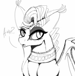 Size: 1004x1024 | Tagged: safe, artist:maryhoovesfield, imported from derpibooru, oc, oc only, bat pony, pony, bat pony oc, bat wings, bust, choker, ear fluff, eyelashes, female, lineart, makeup, mare, monochrome, signature, simple background, solo, talking, white background, wings