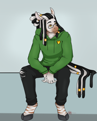 Size: 2400x3000 | Tagged: safe, artist:artistryizzy, imported from derpibooru, oc, oc only, oc:zahk, anthro, zebra, clothes, dreadlocks, glasses, hair jewelry, high res, hoodie, male, solo