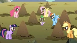 Size: 3000x1688 | Tagged: safe, imported from derpibooru, screencap, applejack, fluttershy, pinkie pie, rainbow dash, rarity, spike, twilight sparkle, a dog and pony show, dirt, field, mud, mud mask