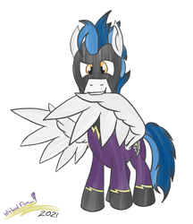 Size: 880x1020 | Tagged: safe, artist:whirlwindflux, imported from derpibooru, oc, oc:whirlwind flux, pegasus, pony, april fools, clothes, costume, grooming, male, preening, shadowbolts, shadowbolts costume, stallion