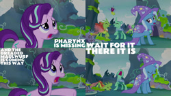 Size: 1280x720 | Tagged: safe, edit, edited screencap, editor:quoterific, imported from derpibooru, screencap, arista, cornicle, frenulum (character), lokiax, starlight glimmer, trixie, changeling, pony, unicorn, season 7, to change a changeling, cape, clothes, eyes closed, female, frenulum (g4), hat, male, mare, nose in the air, open mouth, stallion, trixie's cape, trixie's hat, volumetric mouth