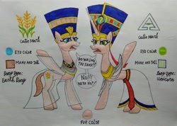 Size: 3282x2340 | Tagged: safe, artist:bsw421, imported from derpibooru, oc, oc:amisi, oc:neferneferuaten nefertiti, earth pony, pony, unicorn, clothes, crown, cutie mark, dress, egyptian, egyptian headdress, egyptian pony, expressions, headdress, high res, jewelry, makeup, necklace, photo, queen, reference, regalia, skirt, speech bubble, traditional art, unpleased