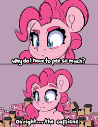 Size: 2807x3640 | Tagged: safe, artist:partylikeanartist, imported from derpibooru, pinkie pie, earth pony, pony, bags under eyes, coffee, comic, drink, energy drink, eyebrows, high res, meme, monster, monster energy, pinkie found the coffee, solo, text