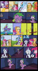 Size: 2592x4770 | Tagged: safe, artist:graciegirl328, imported from derpibooru, applejack, big macintosh, fluttershy, noi, pinkie pie, piña colada, rainbow dash, rarity, spike, twilight sparkle, dragon, earth pony, pegasus, pony, unicorn, comic:the jacky horror web comic, 2015, bust, comic, crying, exclamation point, female, filly, implied twilight sparkle, interrobang, male, mane seven, mane six, mare, no dialogue, portrait, question mark, shadow, twilight's castle