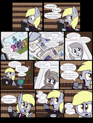 Size: 2560x3392 | Tagged: safe, artist:graciegirl328, imported from derpibooru, applejack, big macintosh, derpy hooves, fluttershy, pinkie pie, rainbow dash, rarity, spike, twilight sparkle, pegasus, pony, comic:the jacky horror web comic, clothes, comic, dialogue, female, high res, implied fluttermac, implied shipping, implied straight, library, mane seven, mane six, mare, necktie, newspaper, photo, solo, speech bubble, suit