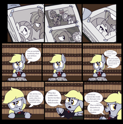 Size: 2552x2576 | Tagged: safe, artist:graciegirl328, imported from derpibooru, big macintosh, derpy hooves, fluttershy, pegasus, pony, comic:the jacky horror web comic, clothes, comic, dialogue, female, fluttermac, high res, library, male, mare, narrator, necktie, photo, rocky horror picture show, shipping, solo, speech bubble, straight, suit