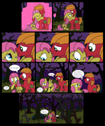 Size: 2792x3320 | Tagged: safe, artist:graciegirl328, imported from derpibooru, big macintosh, fluttershy, earth pony, pegasus, pony, comic:the jacky horror web comic, boop, comic, dialogue, female, fluttermac, forest, high res, hug, male, mare, night, noseboop, rocky horror picture show, shipping, speech bubble, stallion, straight