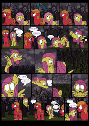 Size: 2976x4192 | Tagged: safe, artist:graciegirl328, imported from derpibooru, big macintosh, fluttershy, earth pony, pony, unicorn, comic:the jacky horror web comic, comic, dialogue, female, floppy ears, fluttermac, forest, male, mare, night, rain, rocky horror picture show, shipping, speech bubble, stallion, straight, thunder, twilight's castle, wet, wet mane