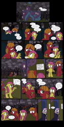 Size: 2272x4504 | Tagged: safe, artist:graciegirl328, imported from derpibooru, big macintosh, fluttershy, spike, dragon, earth pony, pegasus, pony, comic:the jacky horror web comic, comic, dialogue, female, fluttermac, forest, knocking, male, mare, night, rain, rocky horror picture show, shipping, speech bubble, stallion, straight, twilight's castle