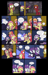 Size: 2720x4240 | Tagged: safe, artist:graciegirl328, imported from derpibooru, big macintosh, fluttershy, rarity, spike, dragon, earth pony, pegasus, pony, unicorn, comic:the jacky horror web comic, alternate hairstyle, clothes, comic, dialogue, female, fluttermac, implied brainwashing, maid, male, rain, rocky horror picture show, shipping, speech bubble, straight, wet, wet mane