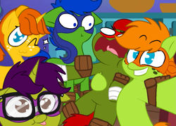 Size: 1023x731 | Tagged: safe, artist:lynnthenerdkitty, imported from derpibooru, earth pony, pegasus, pony, unicorn, april o'neil, crossover, donatello, leonardo, michelangelo, raphael, teenage mutant ninja turtles