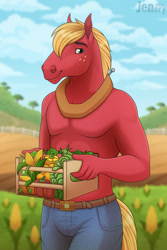 Size: 853x1280 | Tagged: safe, artist:jenery, imported from derpibooru, big macintosh, anthro, earth pony, carrot, clothes, cloud, corn, crate, digital art, farm, fence, food, freckles, herbivore, hoers, holding, horse collar, jeans, looking at you, male, outdoors, pants, partial nudity, pecs, sky, smiling, solo, solo male, topless, tree, yoke