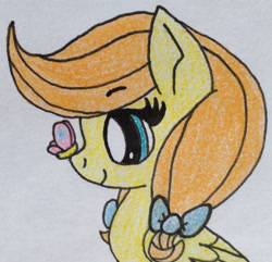 Size: 1666x1604 | Tagged: safe, artist:mercedesstar, imported from derpibooru, oc, oc:buttercup, butterfly, pegasus, pony, bow, butterfly on nose, female, filly, hair bow, insect on nose, offspring, parent:big macintosh, parent:fluttershy, parents:fluttermac, pigtails, traditional art, twintails