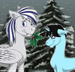 Size: 1280x1216 | Tagged: safe, anonymous artist, imported from derpibooru, oc, oc only, oc:onyx diamond, oc:tinker doo, pegasus, unicorn, about to kiss, blushing, christmas, glasses, happy, holiday, holly, holly mistaken for mistletoe, large wings, looking away, not porn, size difference, snow, tree, wings