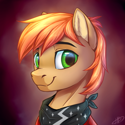 Size: 1124x1124 | Tagged: safe, artist:megabait, imported from derpibooru, oc, oc only, earth pony, pony, bandana, bust, gradient background, green eyes, male, portrait, simple background, solo