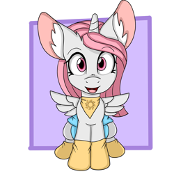 Size: 1280x1280 | Tagged: safe, artist:cuddlelamb, imported from derpibooru, princess celestia, alicorn, pony, baby, baby celestia, baby pony, bandana, booties, cewestia, clothes, cute, cute baby, cutelestia, diaper, diapered, diapered baby, diapered filly, ear fluff, female, filly, happy, happy baby, light blue diaper, pink mane, pink-mane celestia, simple background, solo, spread wings, wings, younger